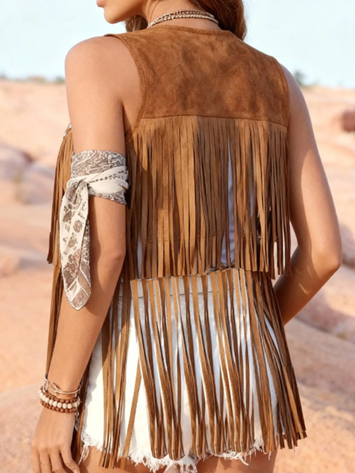 Fringed Suede Vest Coat, back view in brown