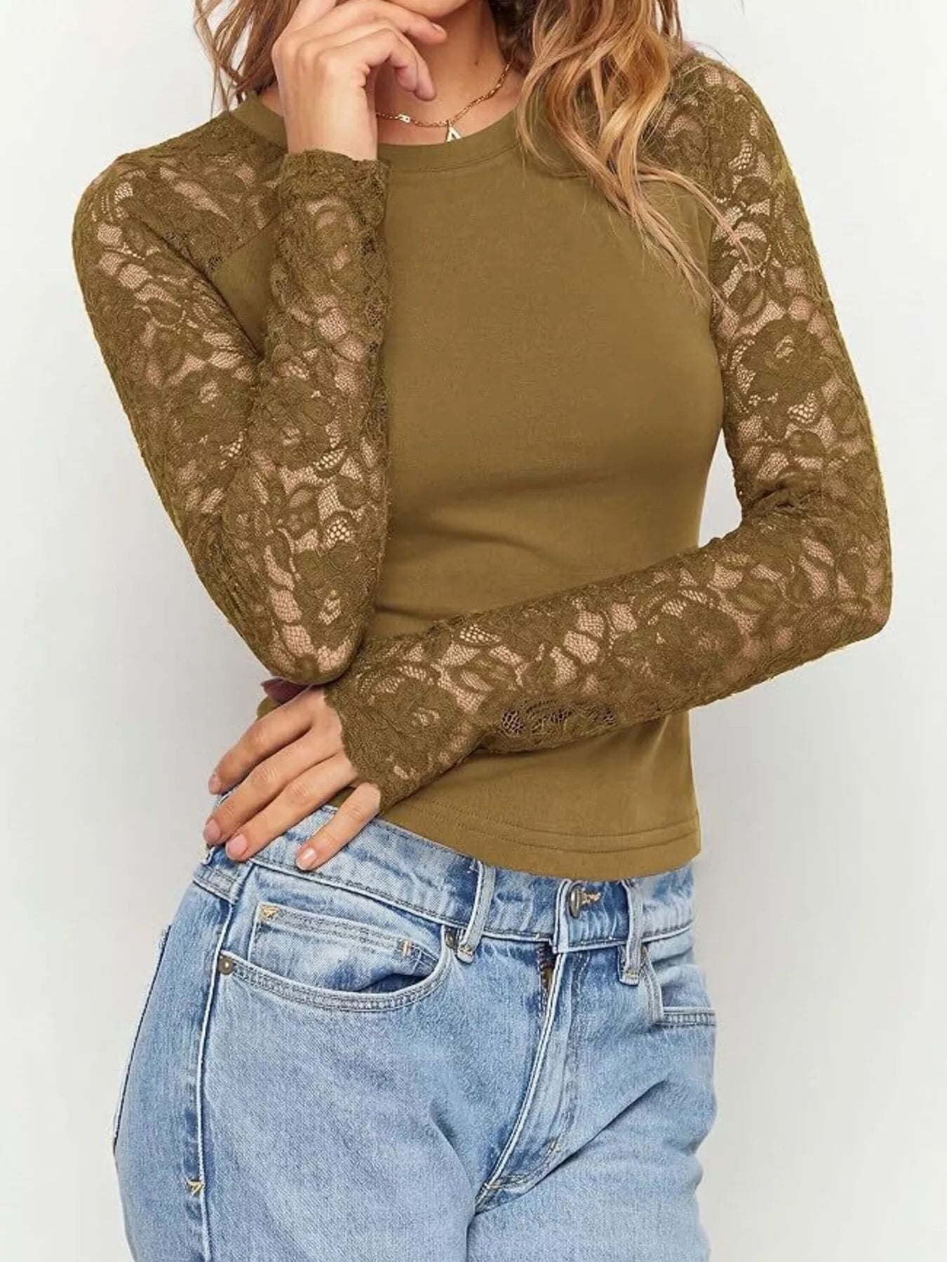 Trendsi Lace Long Sleeve Round Neck T-Shirt -