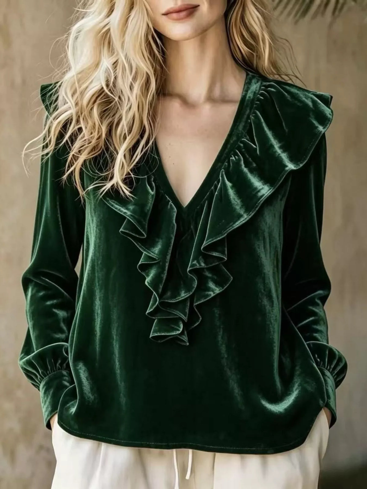 Black Forest Velvet Ruffled V-Neck Long Sleeve Blouse front view