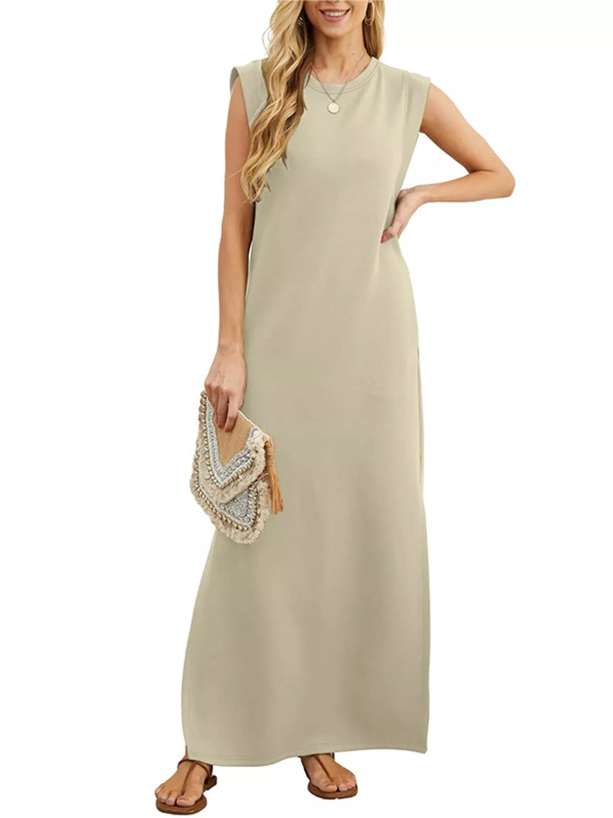 Round neck sleeveless maxi dress, front view on model