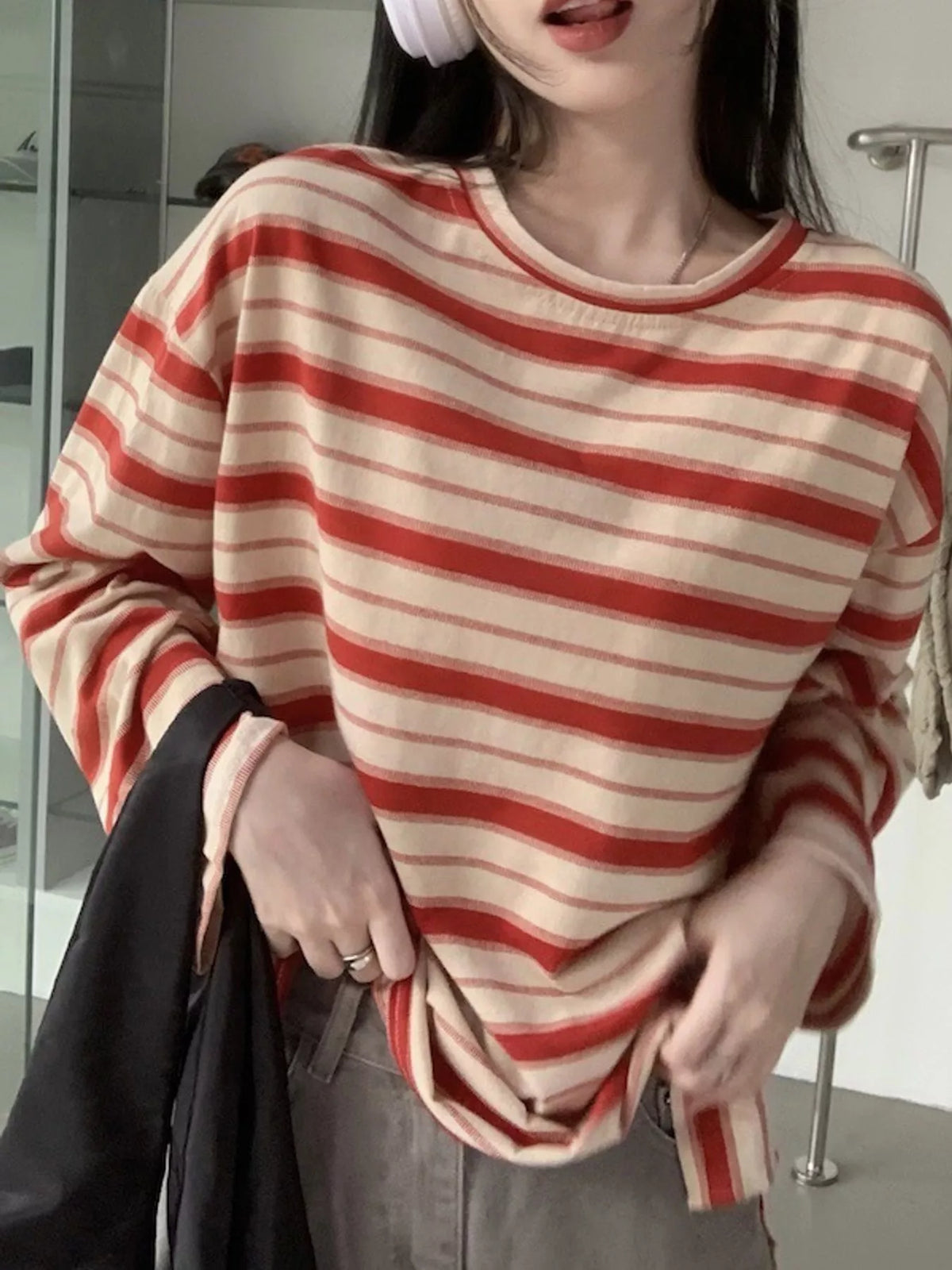 Red and cream striped oversized T-shirt, front view