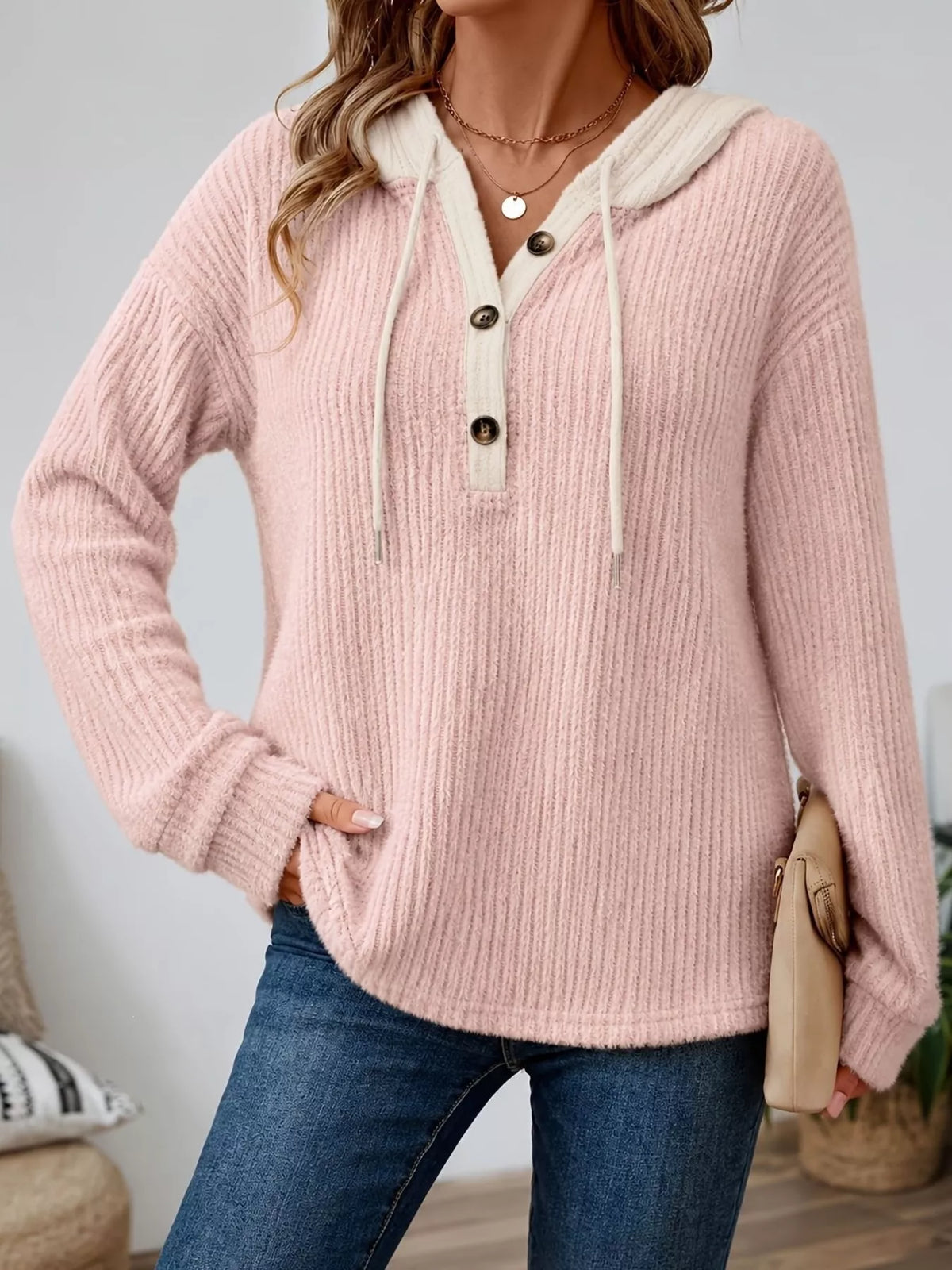 Trendsi Full Size Drawstring Button Detail Hooded Sweater Plus Size -