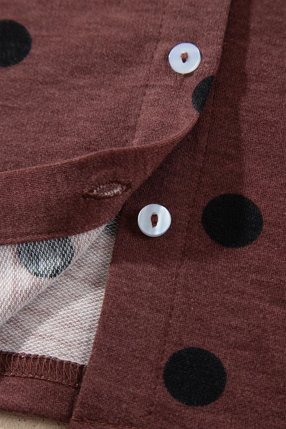 Polka Dot Button Front Long Sleeve Shirt in brown, print and button detail