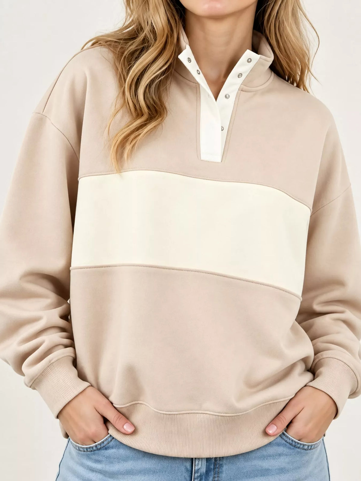 Beige and cream color block snap-button sweatshirt