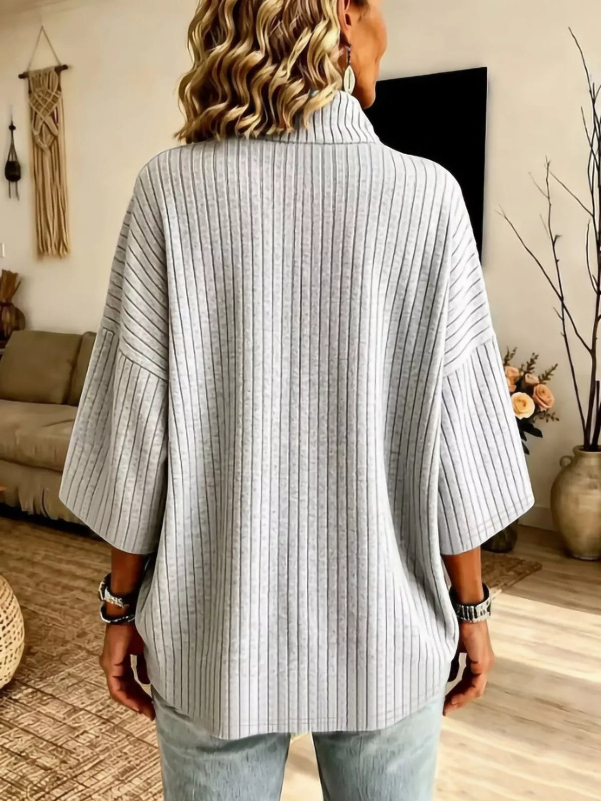 Women's Half-Zip Ribbed Knit Top in Light Gray, alternate view