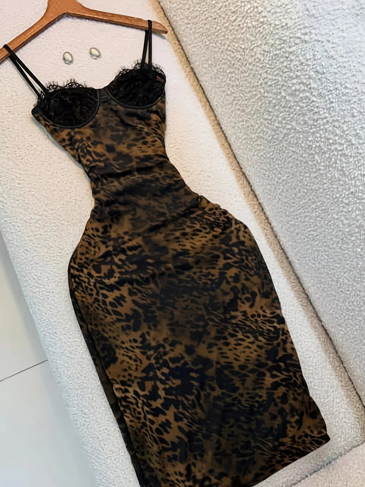 Trendsi Leopard Print Lace Trim Bodycon Midi Dress -