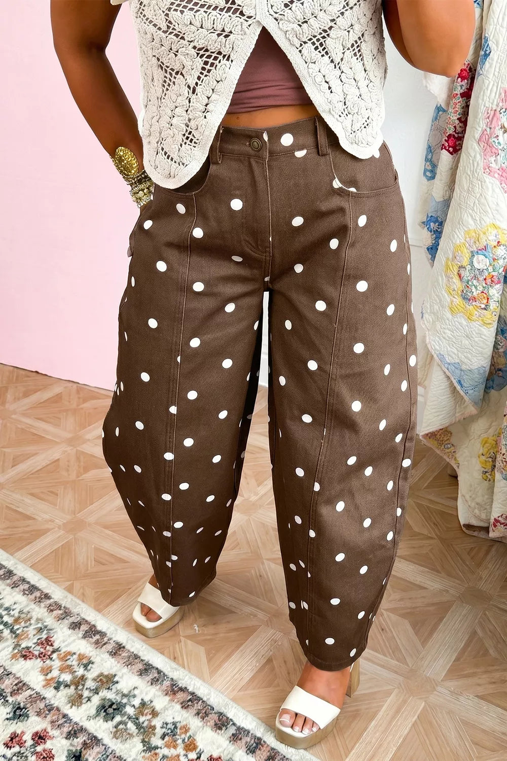 Trendsi Tailored Seam Polka Dot Print Barrel Casual Jeans -