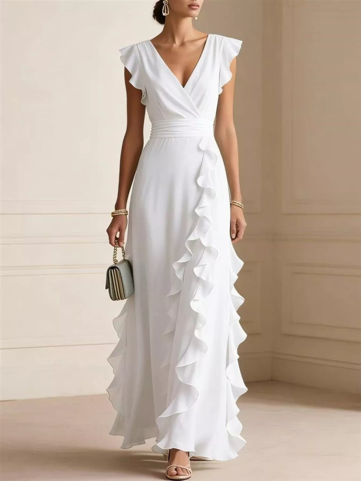 Women's Ruffled Surplice Maxi Dress in White, front view