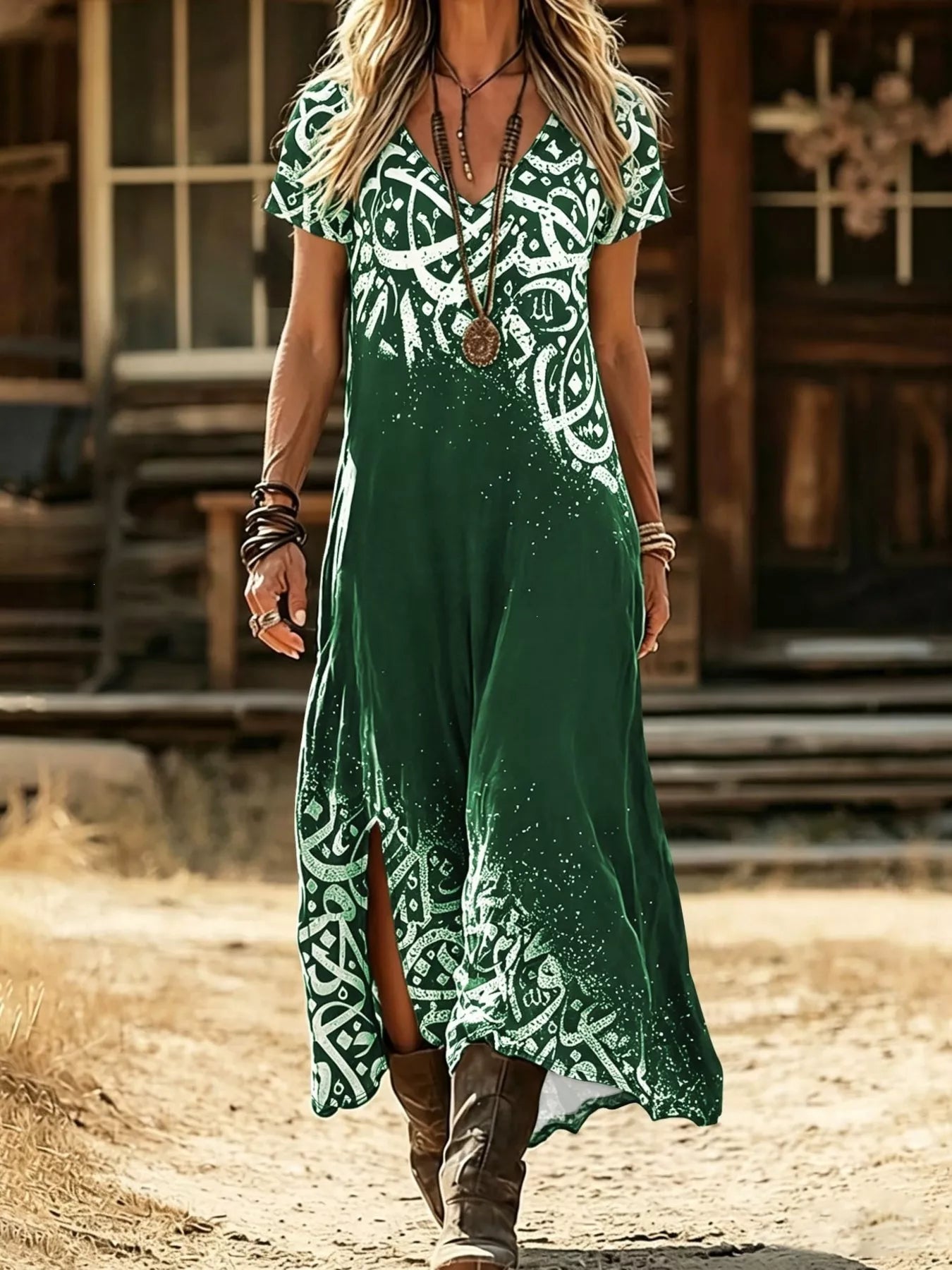 Trendsi Printed Short Sleeve Midi Dress -