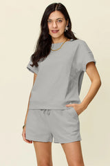 Trendsi Double Take Full Size Texture Short Sleeve T-Shirt and Drawstring Shorts Set - Shorts