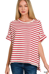 Trendsi Zenana Stripe Jacquard Round-Meck Tee -