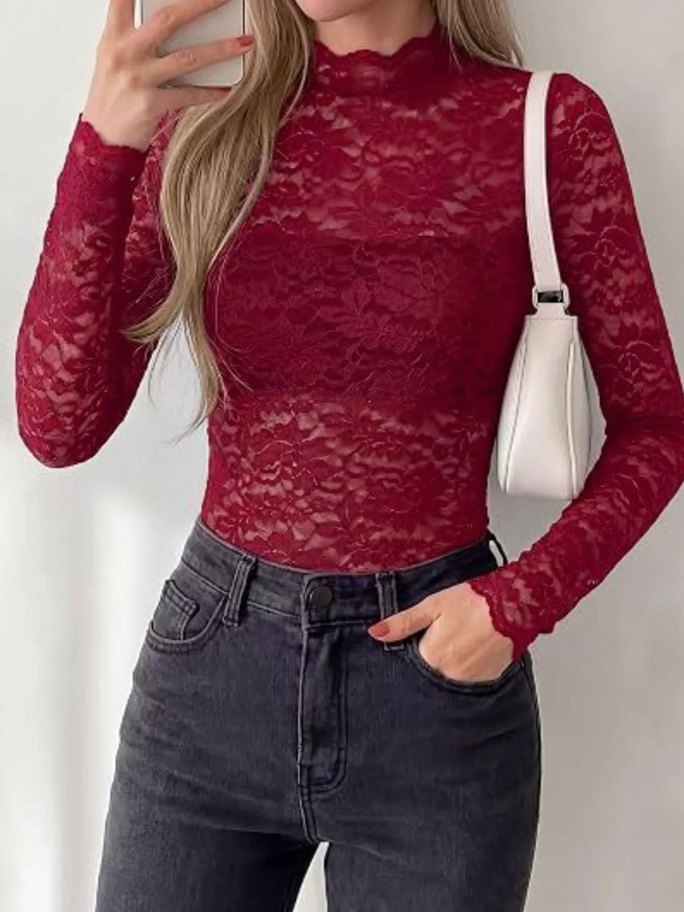 Trendsi Lace Mock Neck Long Sleeve Top -