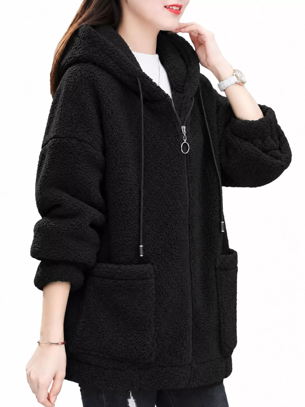 Black fleece zip-up hoodie with pockets