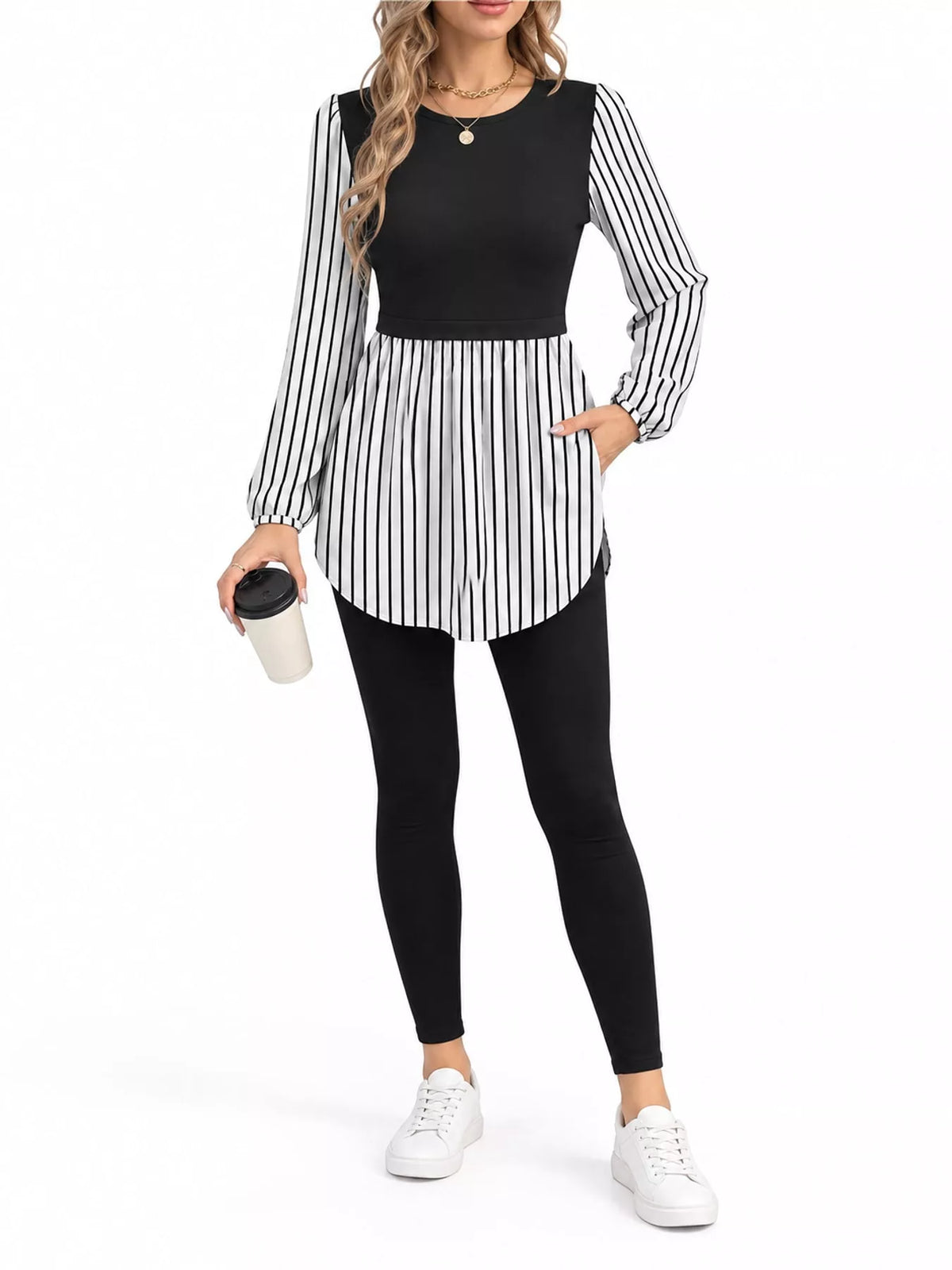 Contrast Panel Long Sleeve Tunic Blouse — front view