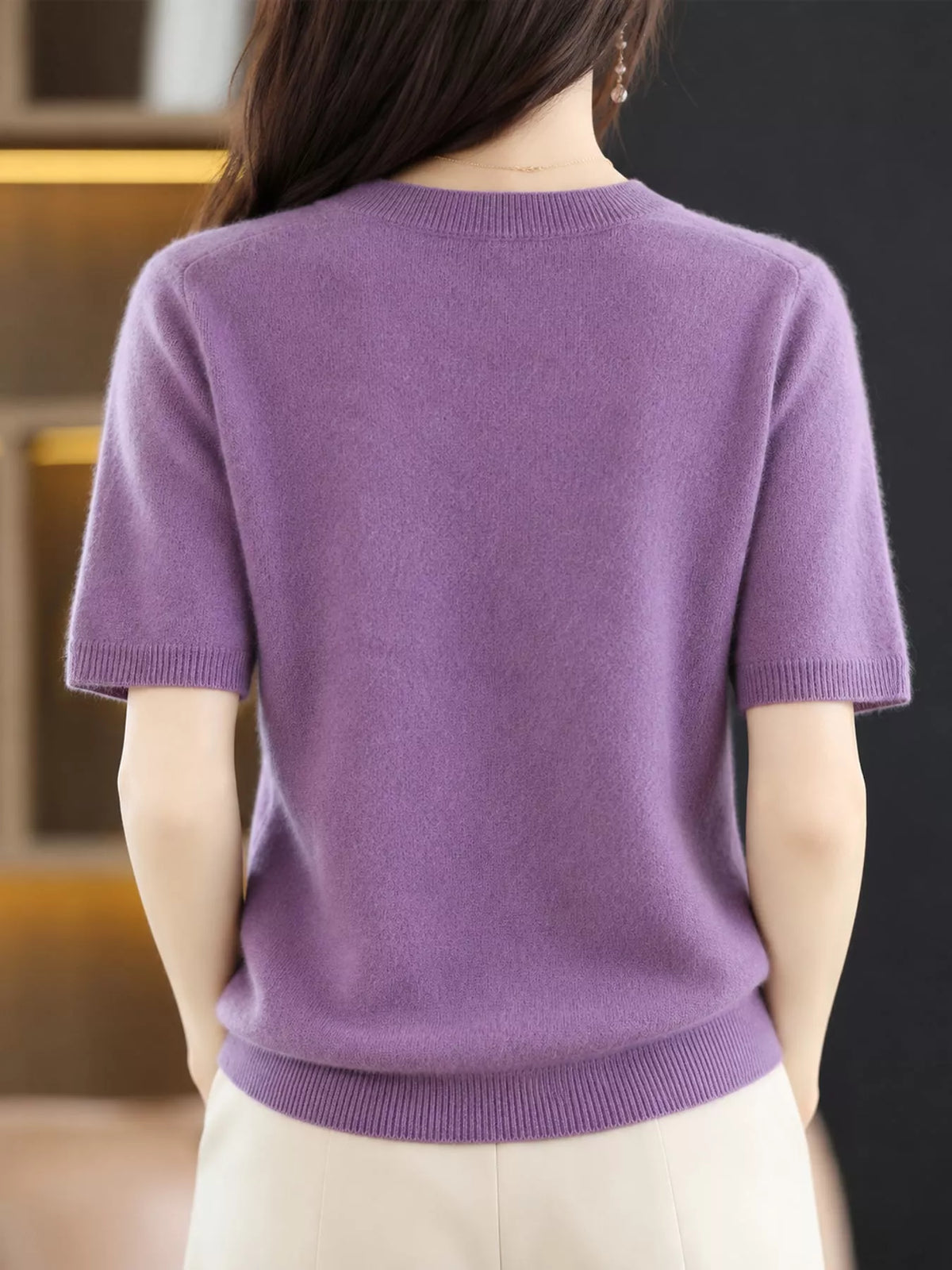 Purple round neck short-sleeve sweater, back view
