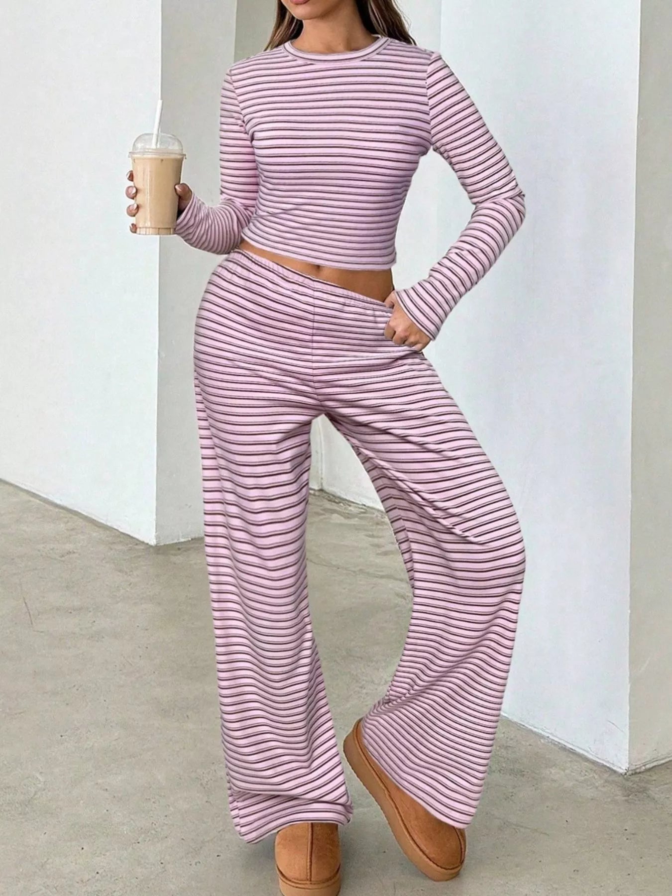 Trendsi Striped Long Sleeve Crop Top and Wide Leg Pants Two-Piece Set -