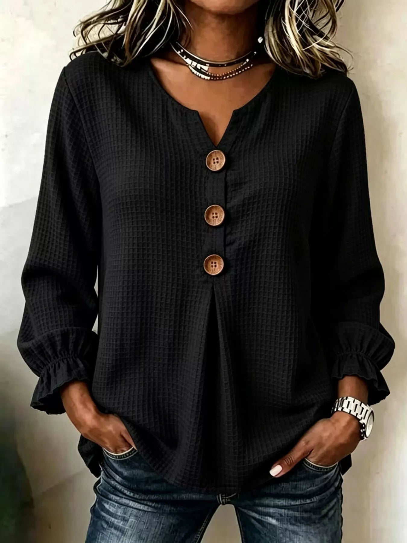 Waffle-knit long sleeve top