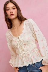 Trendsi SO ME Floral Clip Dot Lace Trim Ruched Bodice Blouse - Pants