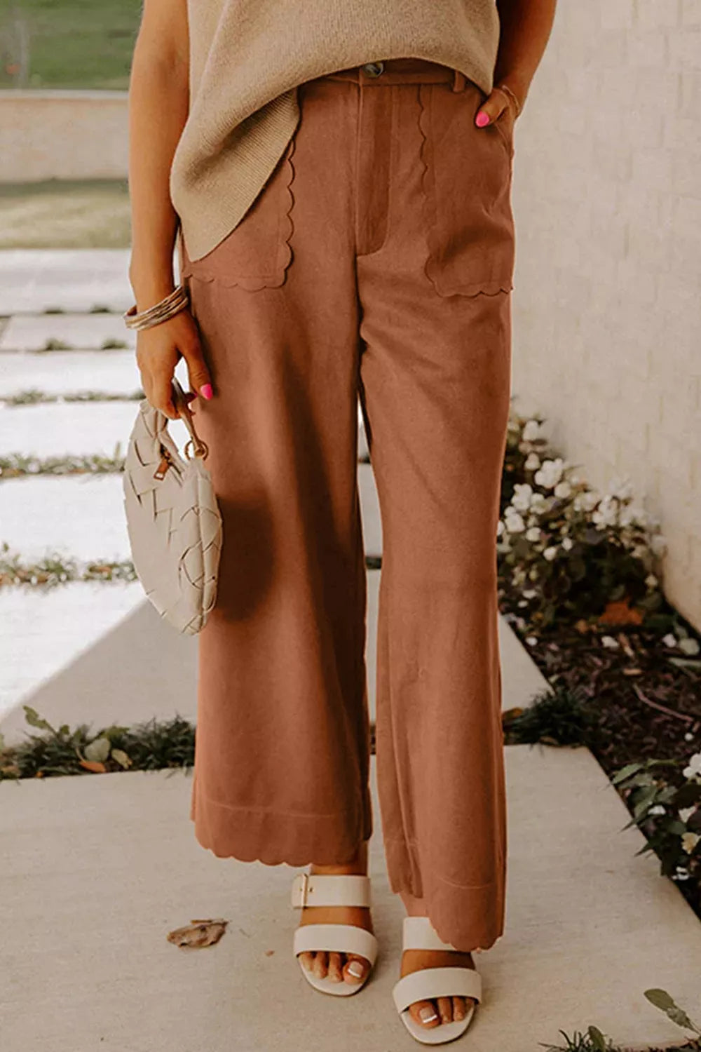 Brown scalloped-pocket wide-leg pants, pocket view
