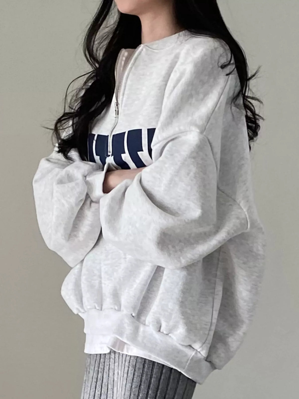 Women's Half-Zip Letter Graphic Sweatshirt in gray — side view