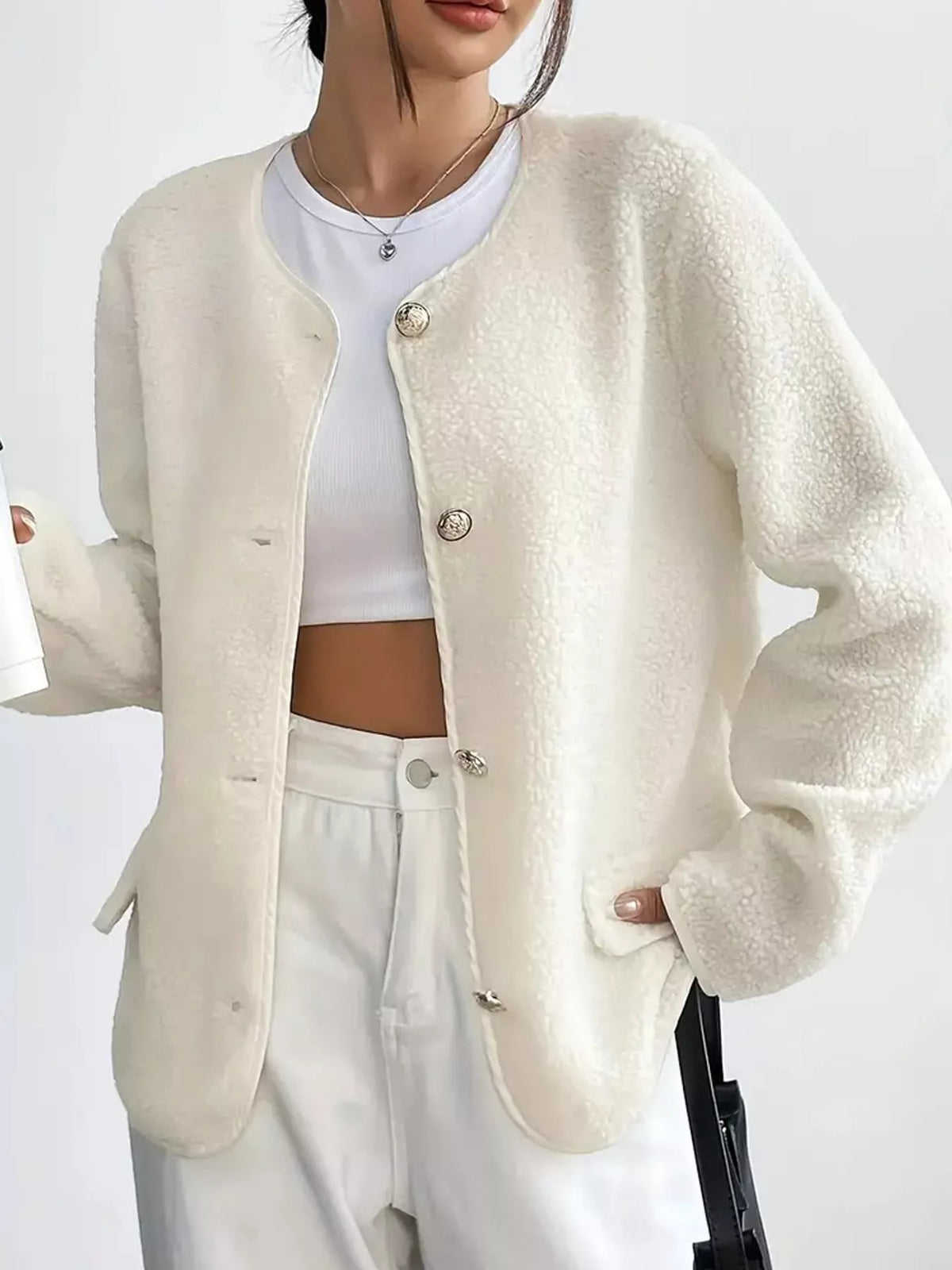 White textured button-front jacket — front view
