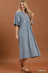 Trendsi Umgee Puff Sleeve Plaid Midi Dress - Dresses