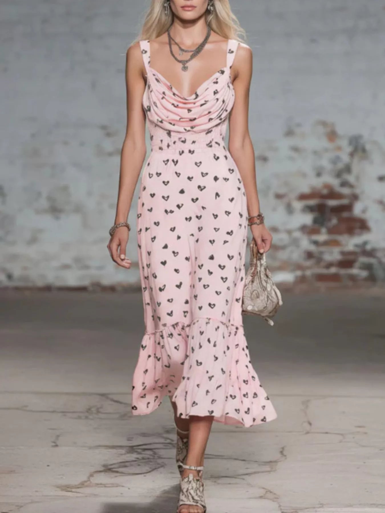Trendsi Heart-Print Cowl Neck Midi Dress -