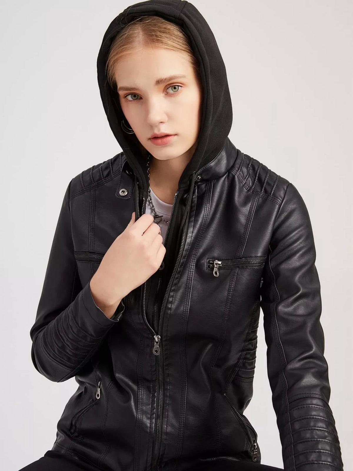 Hooded faux-leather jacket, black hood up