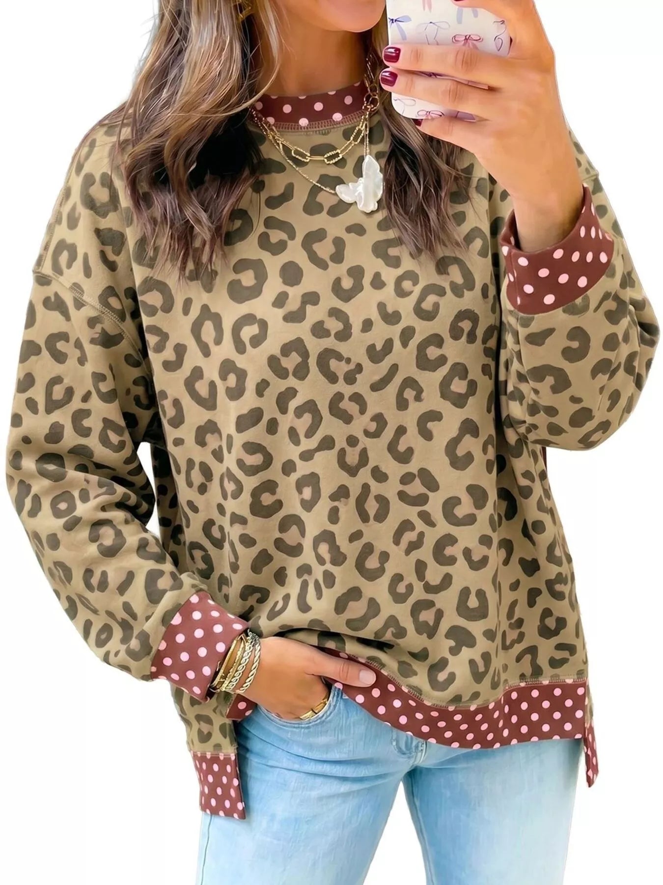 Trendsi Side Slit Leopard Sweatshirt with Polka Dot Trim -