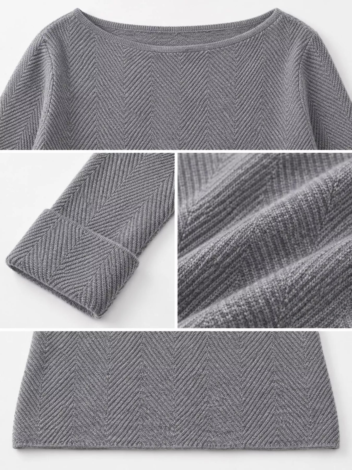 Gray herringbone knit sweater, neckline, sleeve, hem, and herringbone knit