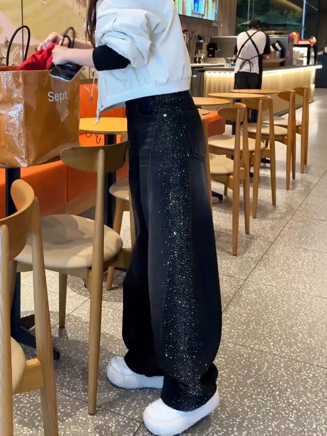 Rhinestone Embellished Wide-Leg Jeans in black