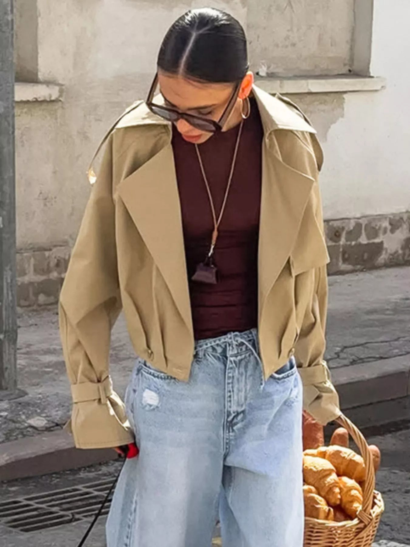 Trendsi Wide Lapel Cropped Trench Coat -