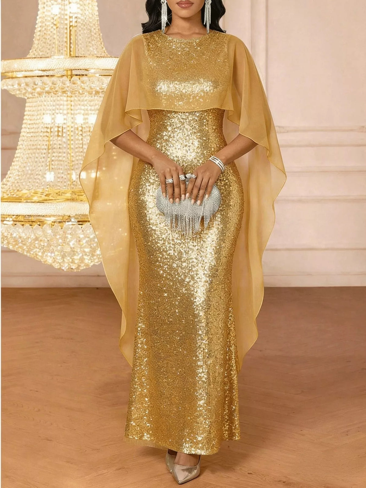 Women's Sequin Cape Overlay Evening Dress in gold — front view