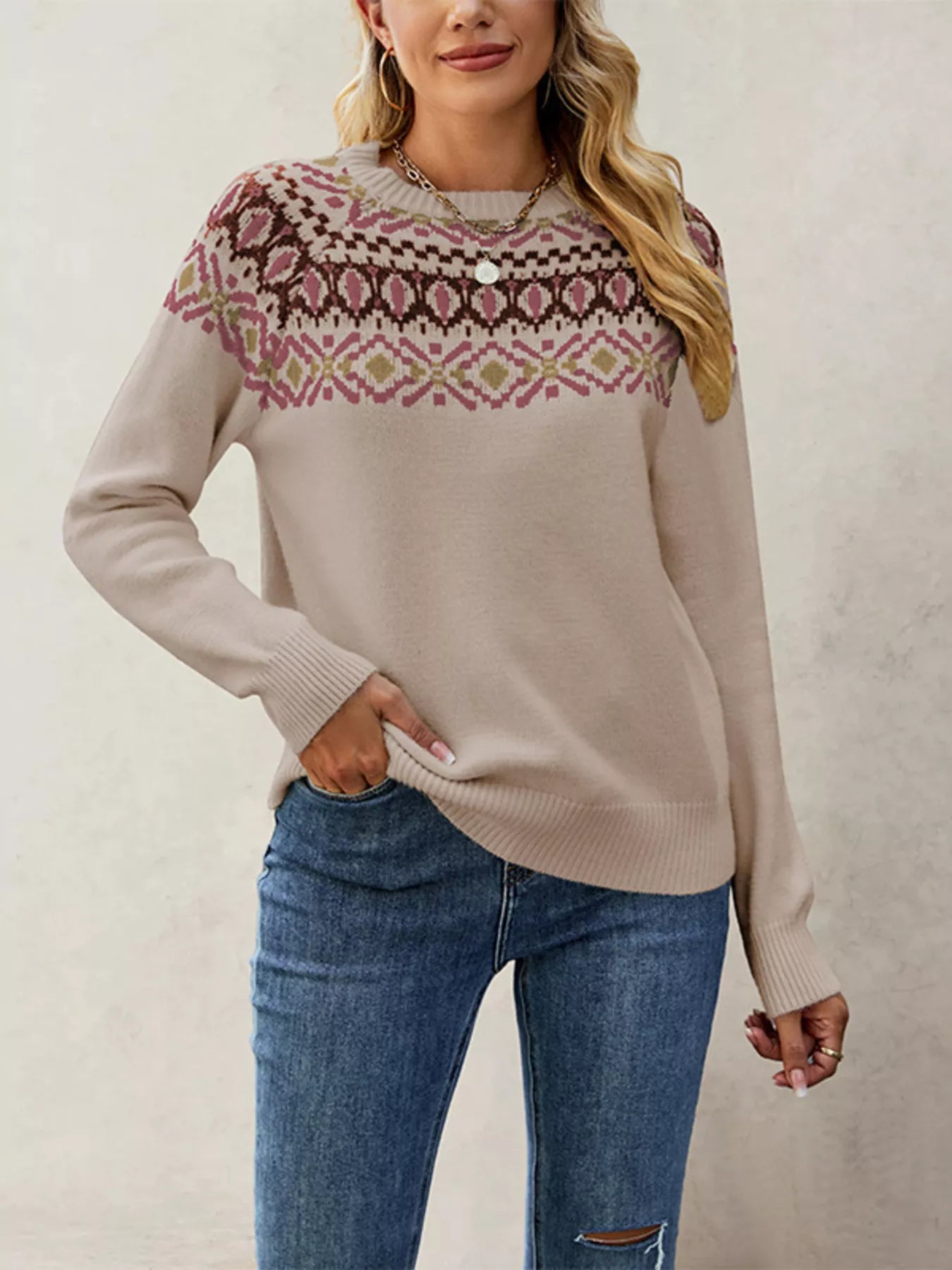 Trendsi Fair Isle Pattern Crew Neck Sweater -