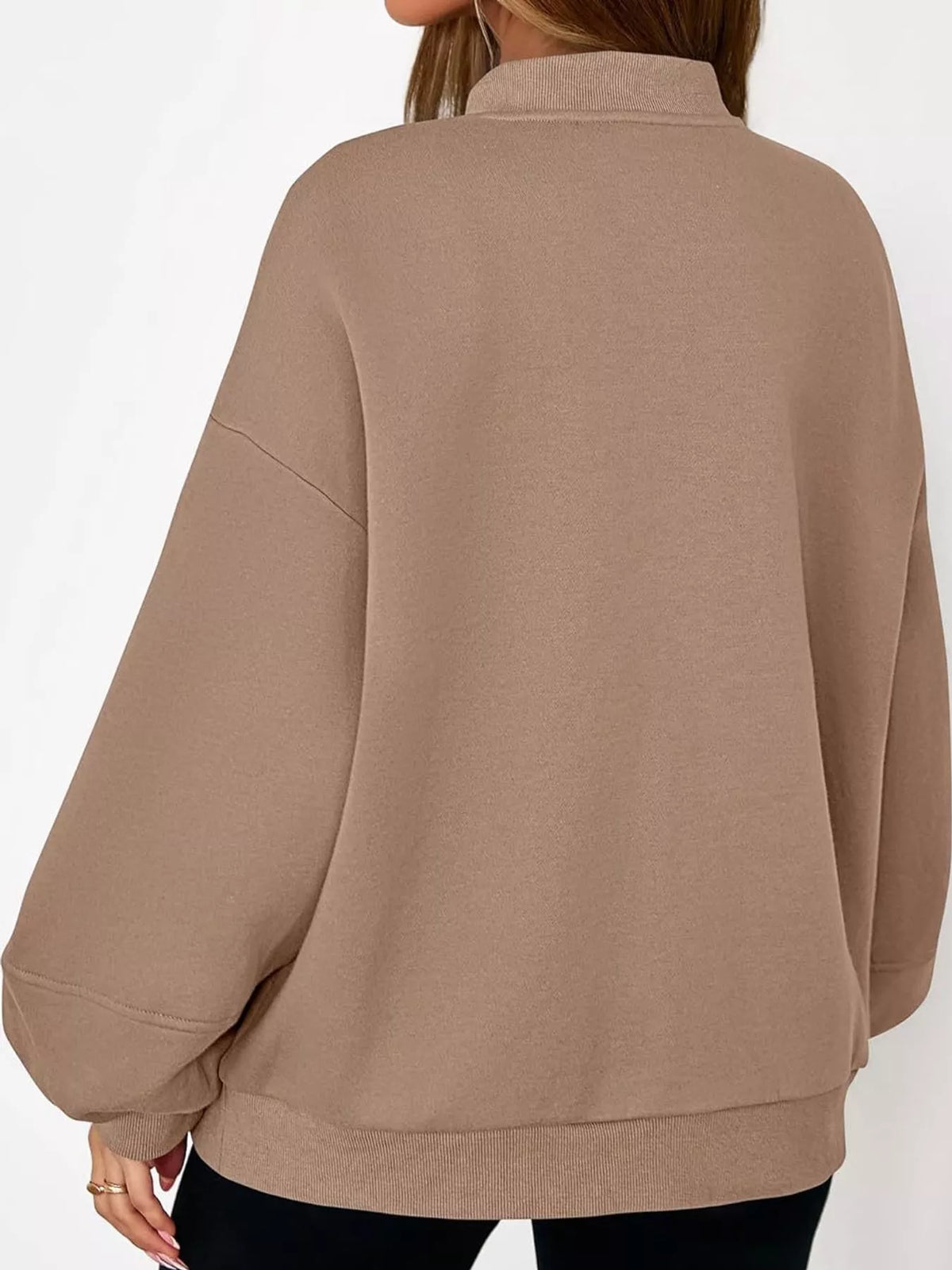 Tan oversized zip-up jacket — back view