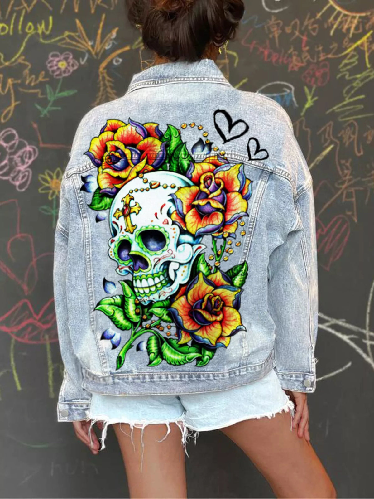 Trendsi Full Size Skull Graphic Button Up Denim Jacket Plus Size -