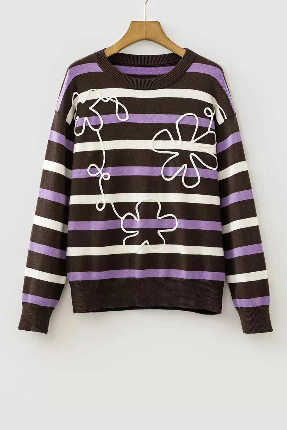Trendsi Stripe Embroidered Detail Drop Shoulder Sweater -
