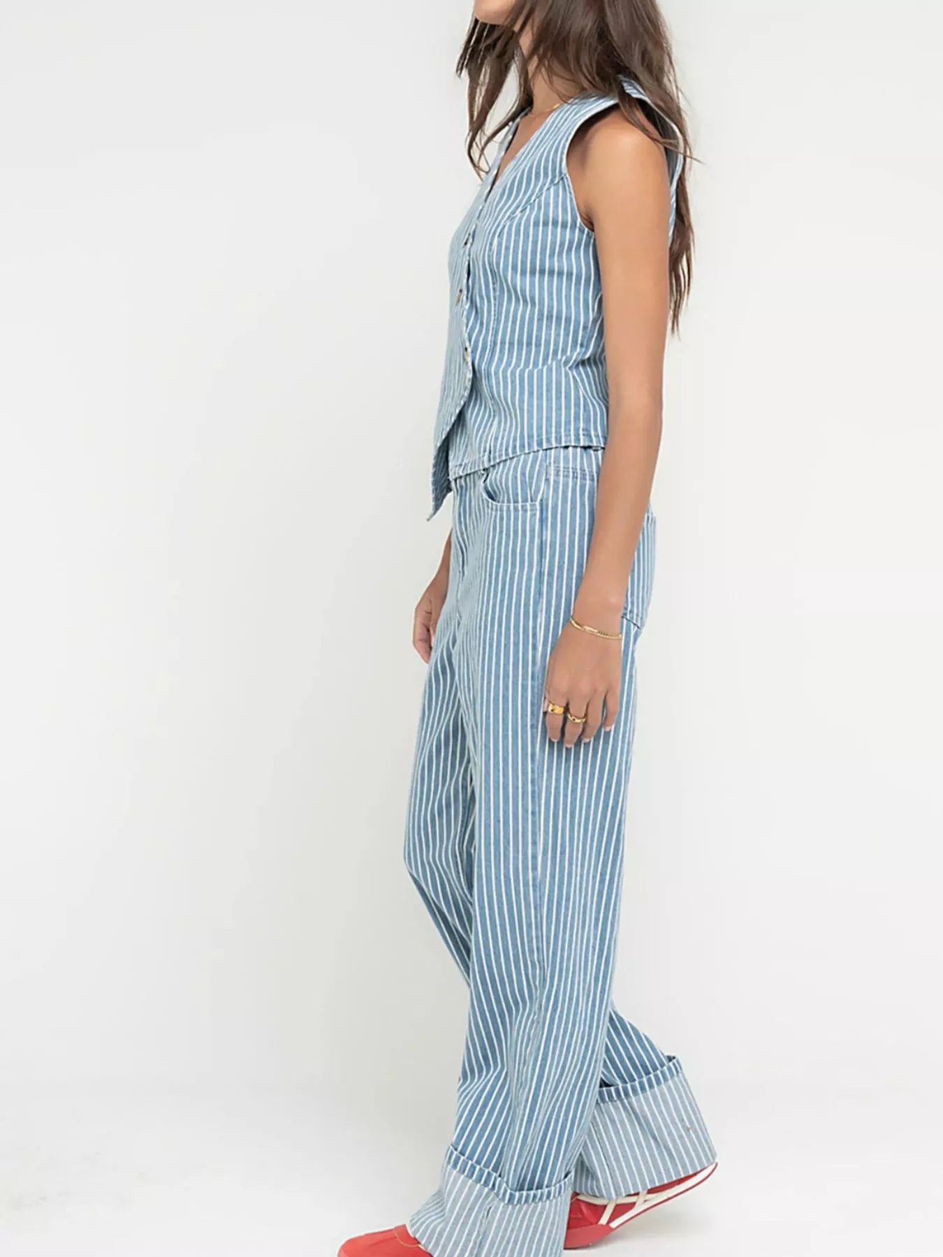 Trendsi Striped Button Up Sleeveless Top and Jeans Denim Set -