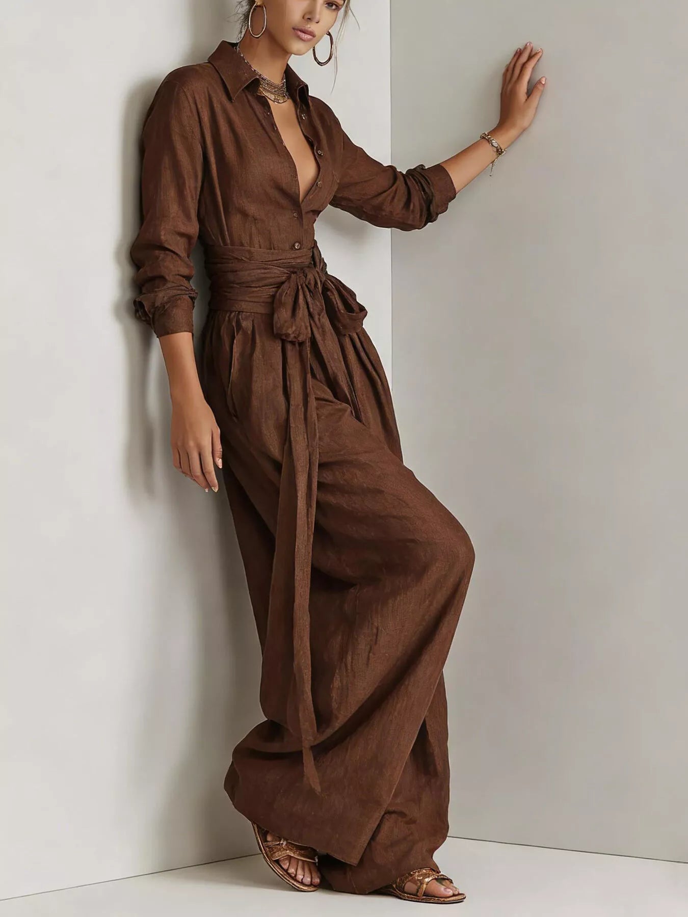 Trendsi Long-Sleeve Button-Down Waist-Tie Jumpsuit -