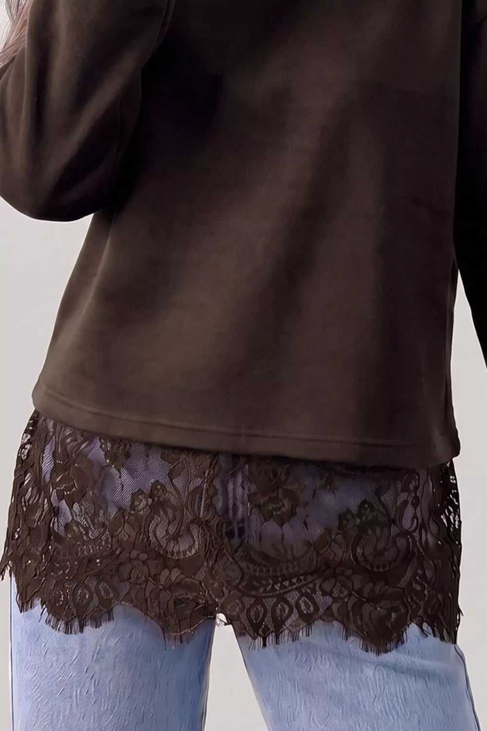 Women's Lace Hem Mock Neck Sweatshirt in Chocolate, alternate view