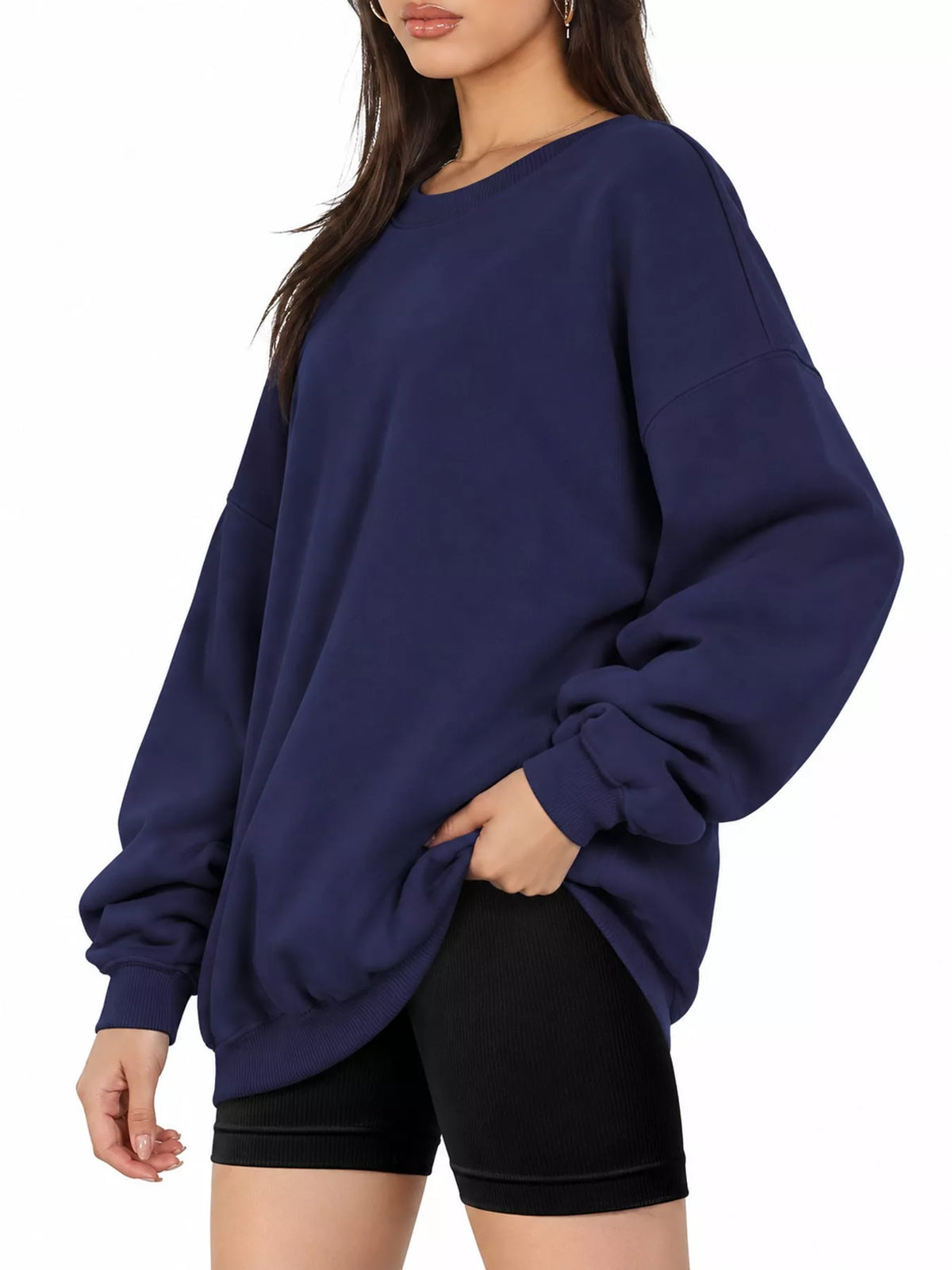 Ribbed Trim Crew Neck Sweatshirt in navy, side view