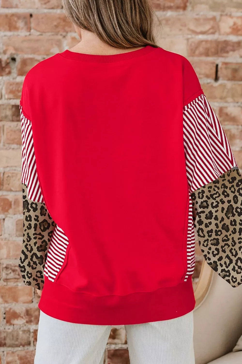 Trendsi Leopard and Striped Patchwork Sleeves Sweatshirt -