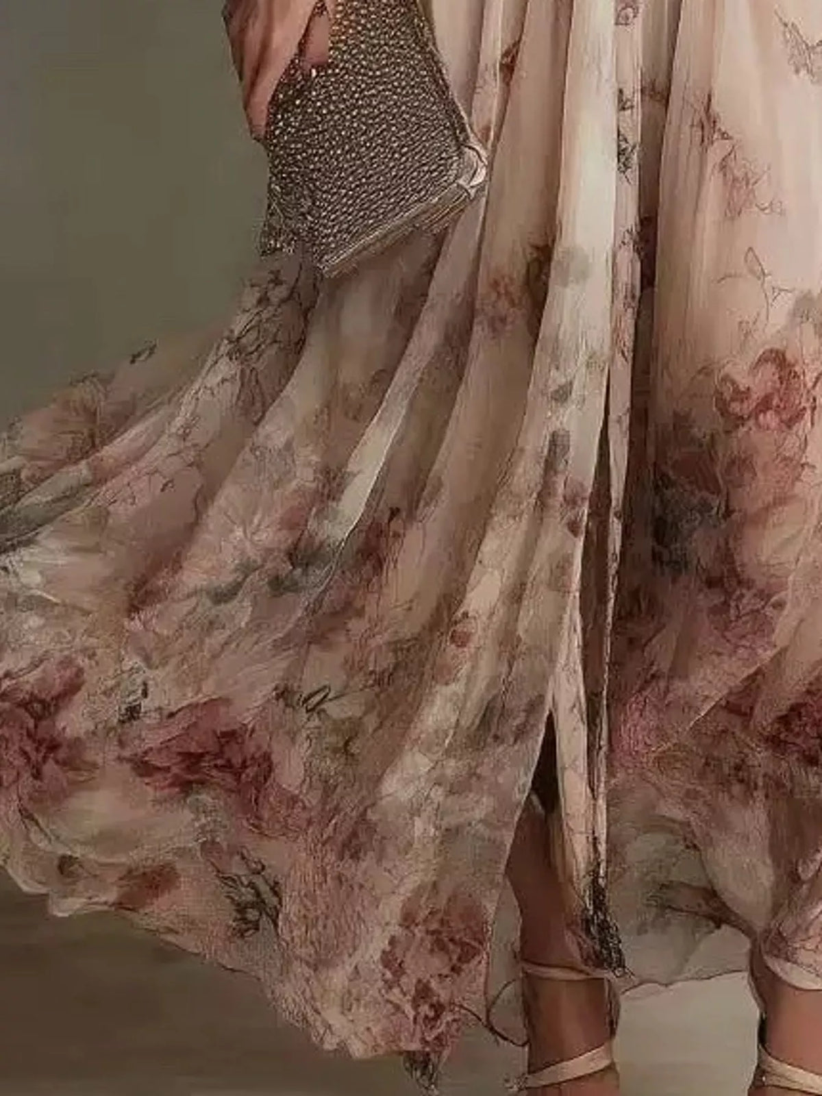 Beige floral print maxi dress, floral skirt layers and flowing hem