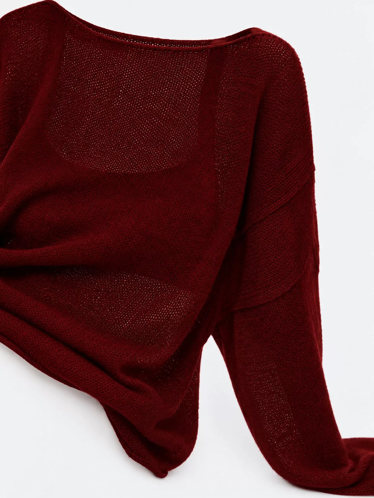 Burgundy sheer openwork knit long sleeve top