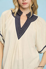 Trendsi Umgee Linen Puff Sleeve Contrast Trim Top -