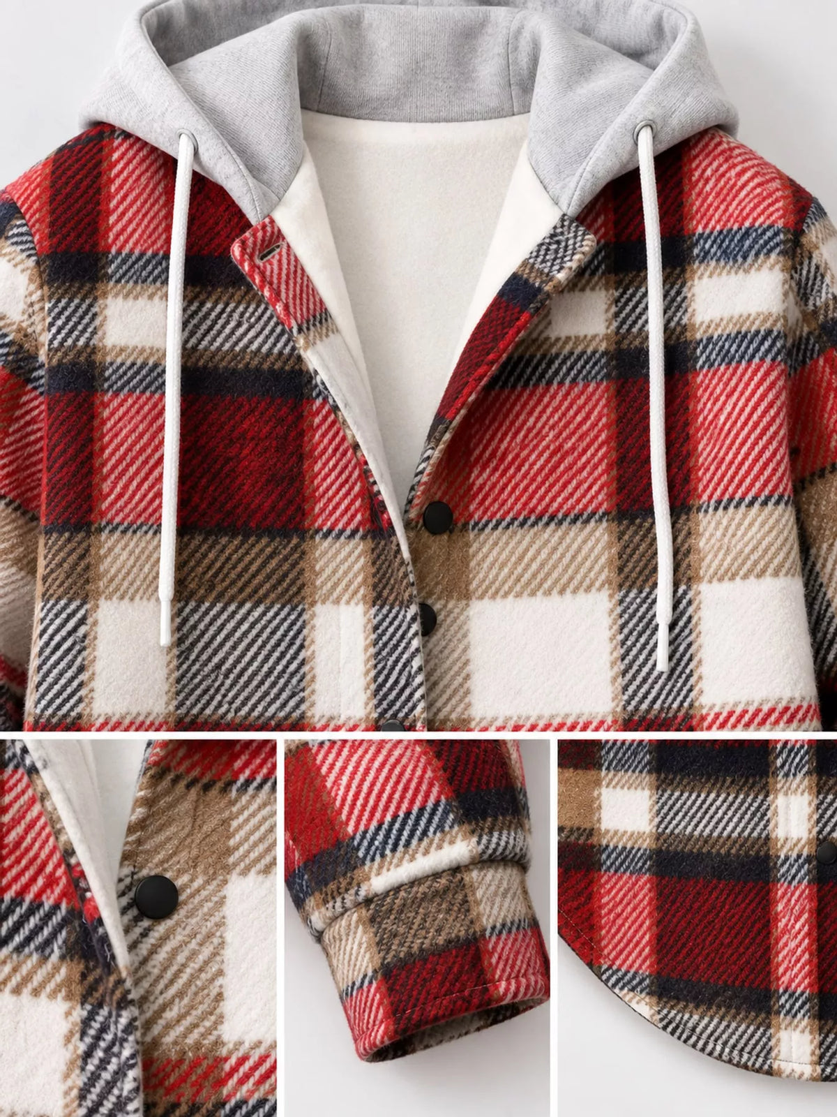 Button-Down Printed Contrast Hooded Shacket — garment construction details