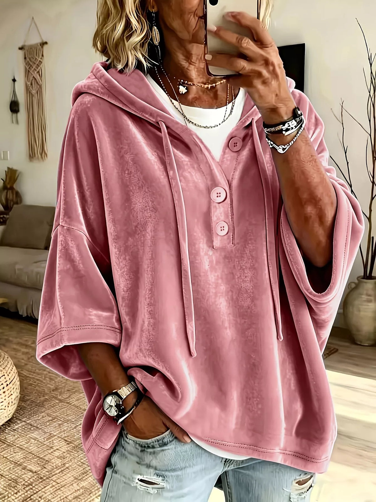 Trendsi Full Size Velvet Button Detail Drawstring Hoodie Plus Size -