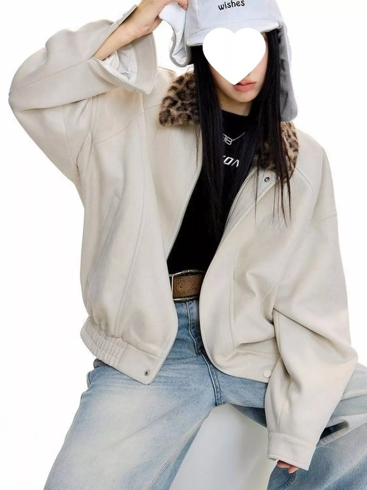 Cream faux fur collar zip up jacket, front view