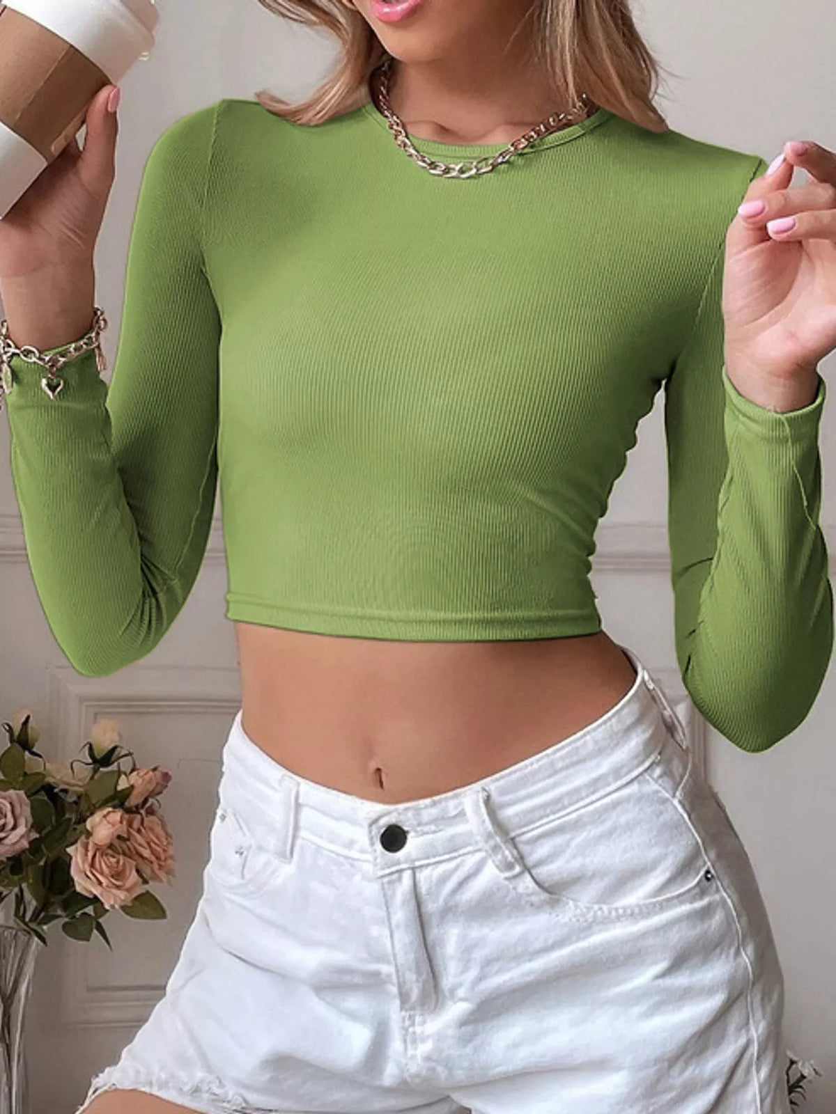 Green ribbed crop t-shirt