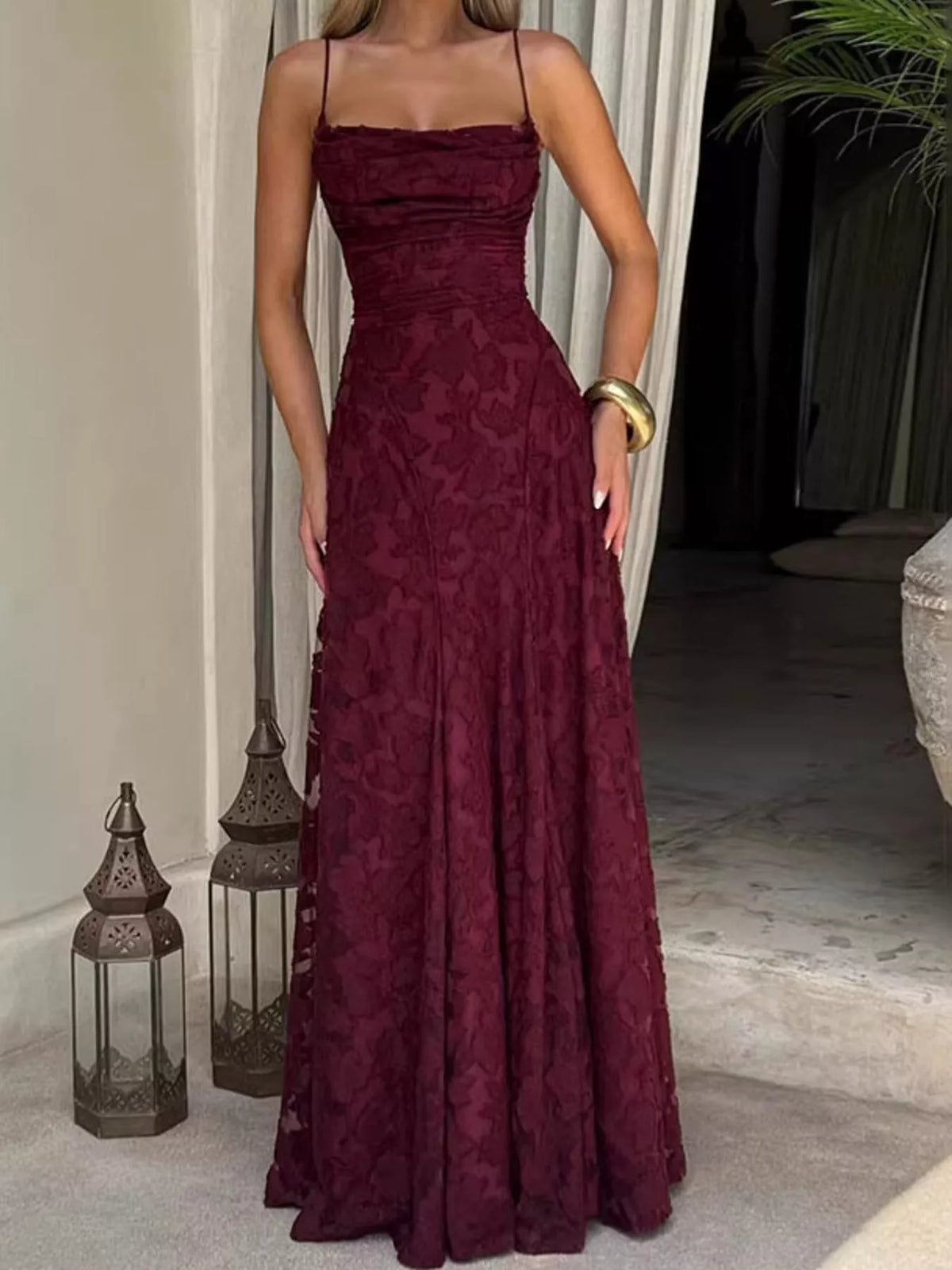 Cowl neck spaghetti-strap maxi dress, front view on model